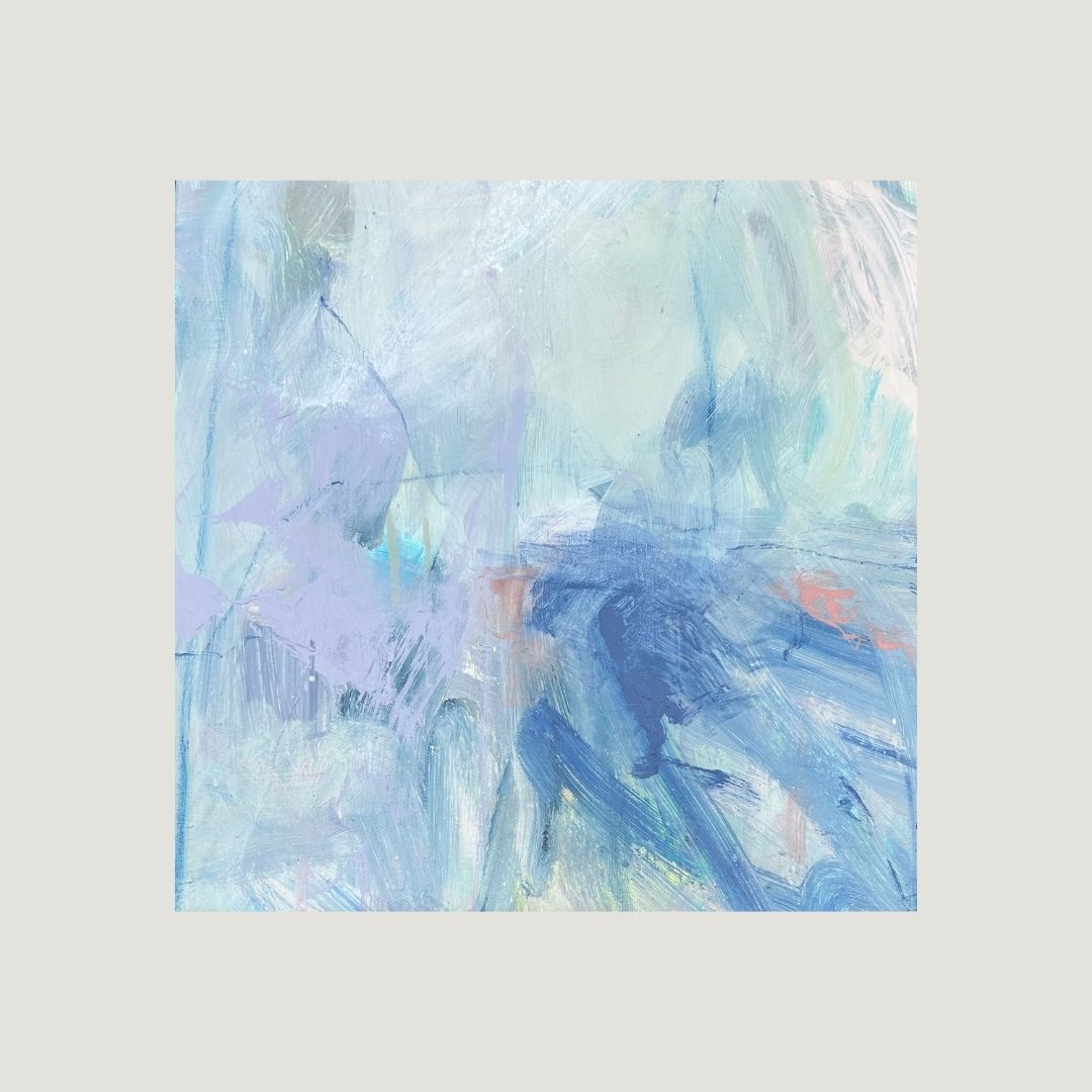 After the Rain I, original abstract painting with pale aqua, mint green, blush pink, lavender, and softly layered gestural brushwork.