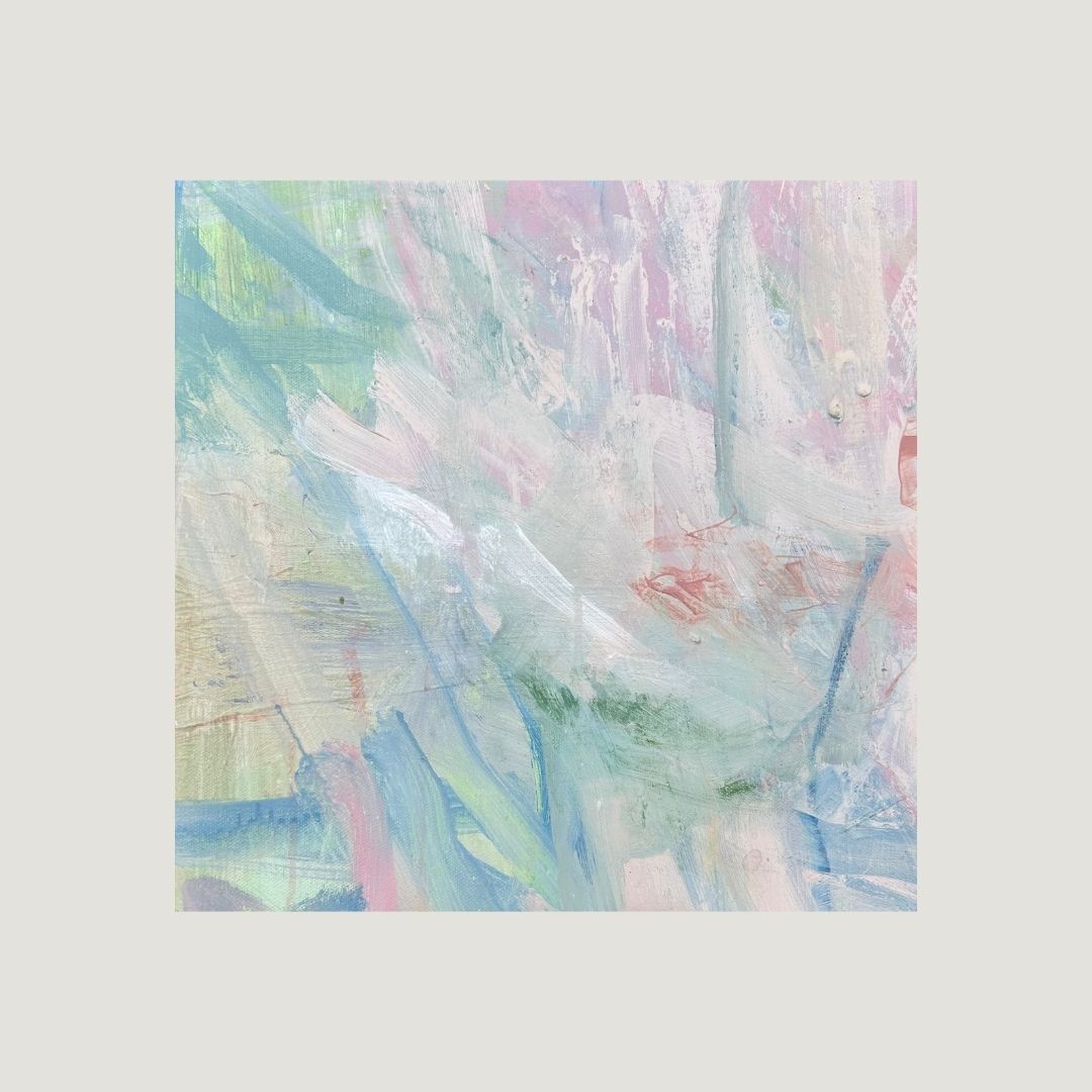 After the Rain II, original abstract artwork with misty blue, lavender, pale green, and expressive deep blue brushstrokes.