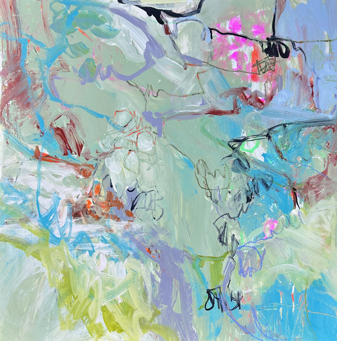 Everything Growing, original botanical-inspired abstract artwork on paper with pale green, bright blue, pink, and lavender brushstrokes.