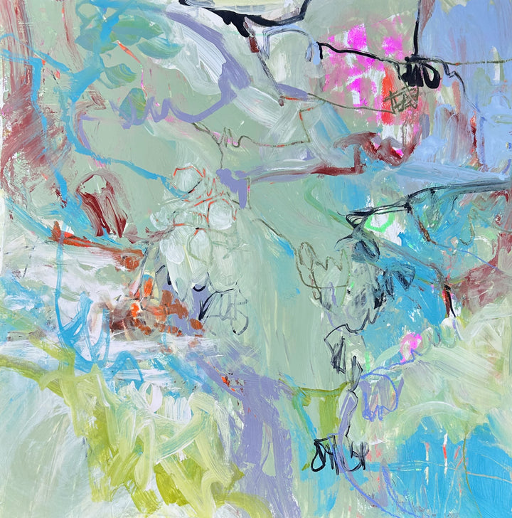 Everything Growing, original botanical-inspired abstract artwork on paper with pale green, bright blue, pink, and lavender brushstrokes.