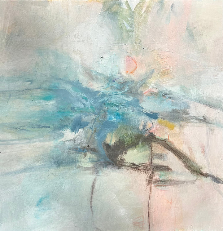 Gathering Bloom II, original 24 × 24 inch mixed media abstract painting on stretched canvas by Mary Elizabeth Marvin.