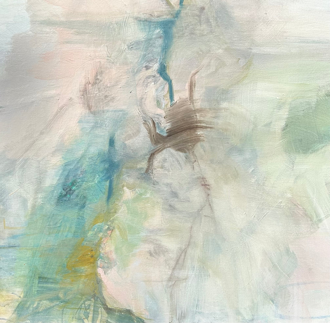 An abstract painting featuring textured brushstrokes in soft pastel tones of blue, green, pink, beige, and gray. By artist Mary Elizabeth Marvin.