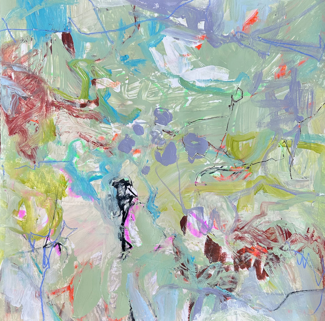 Garden in Passing, original square abstract painting on paper with soft green, blue, lavender, and expressive botanical marks.