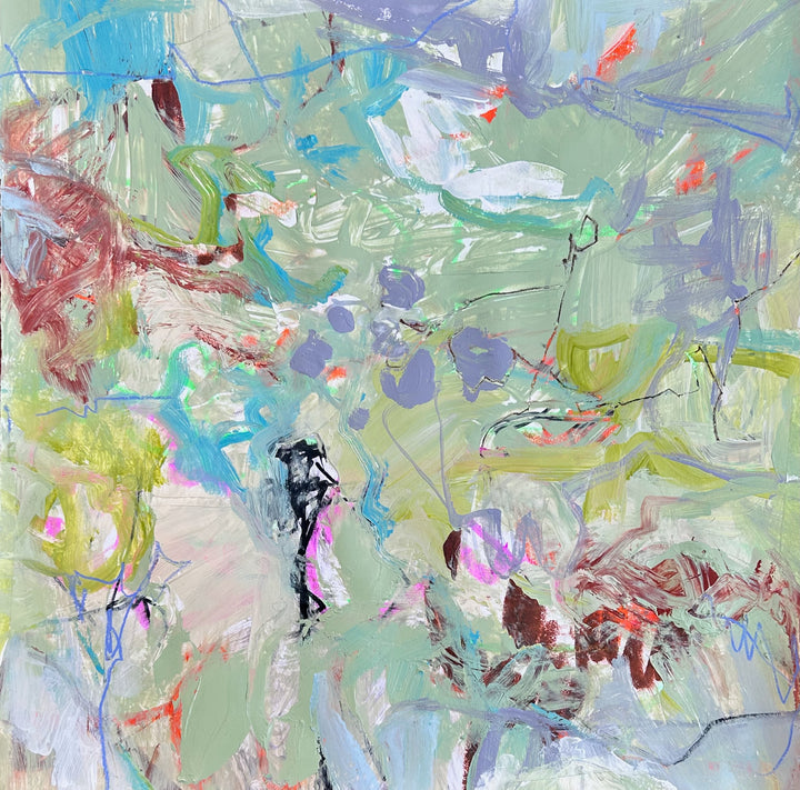 Garden in Passing, original square abstract painting on paper with soft green, blue, lavender, and expressive botanical marks.