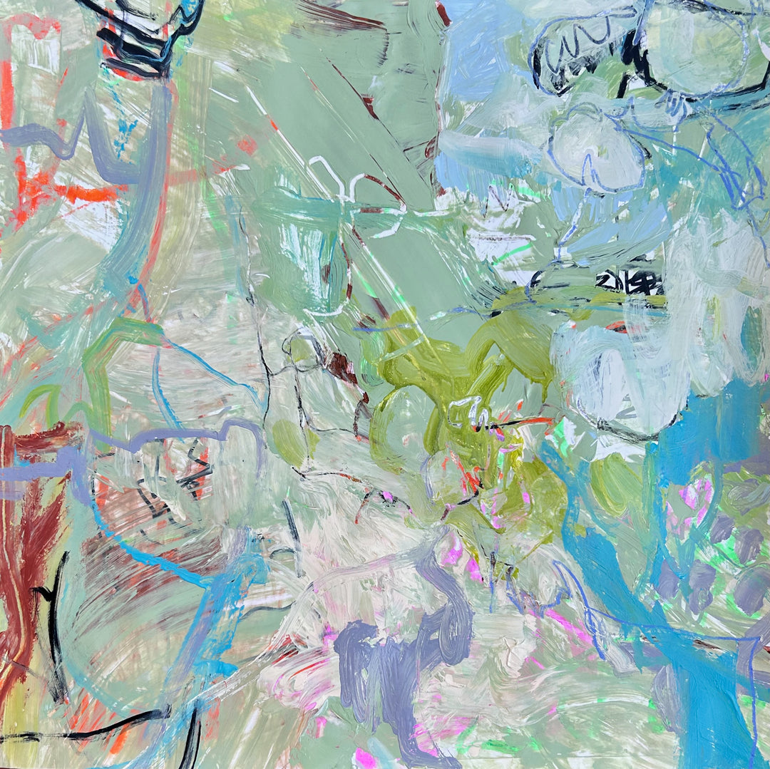 The Green Between, original mixed media painting on paper with layered sage green, turquoise, lavender, and coral brushwork.