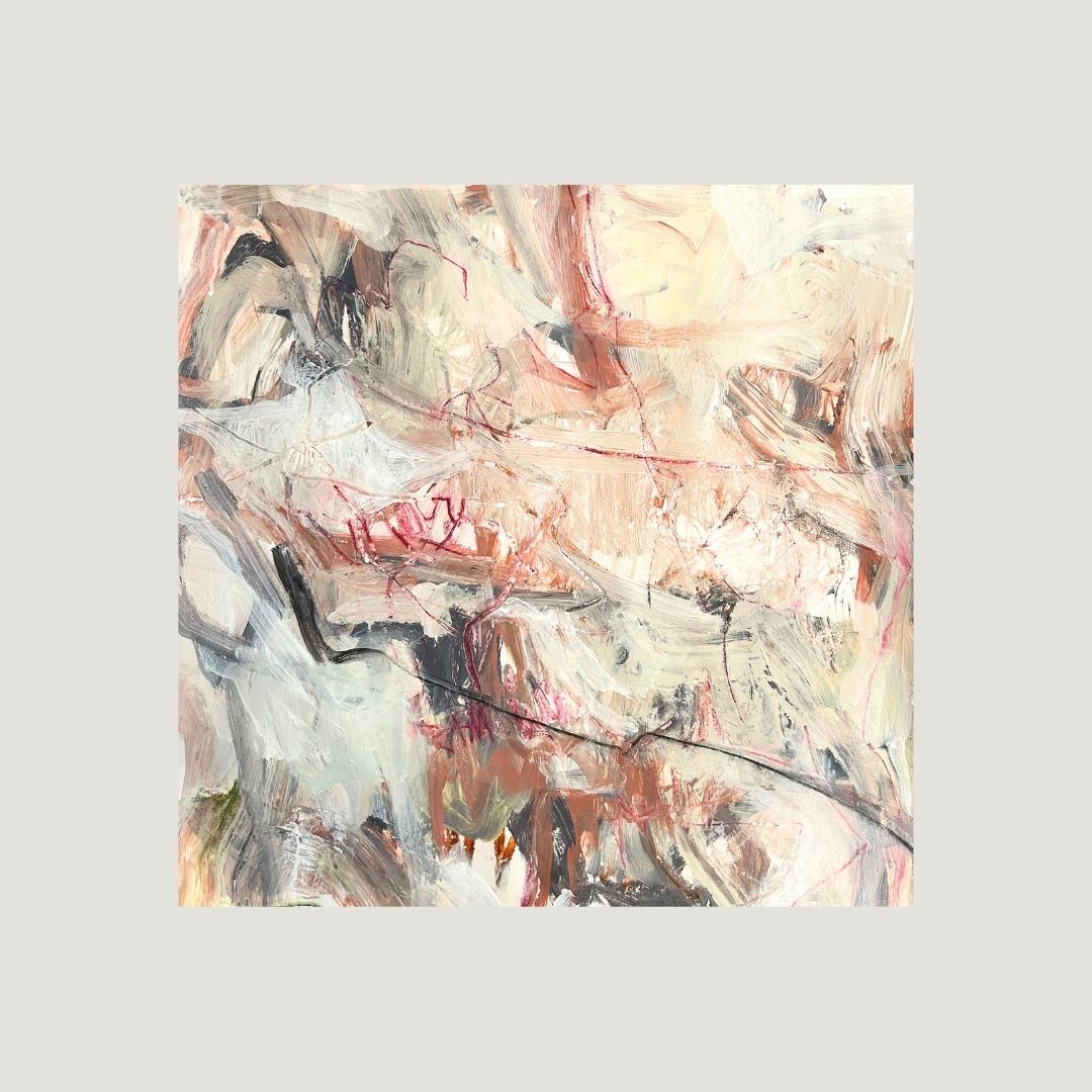 Beautiful Uncertainty I, original abstract painting on paper with sweeping ivory and charcoal brushwork, muted rose, and burgundy gestural lines.